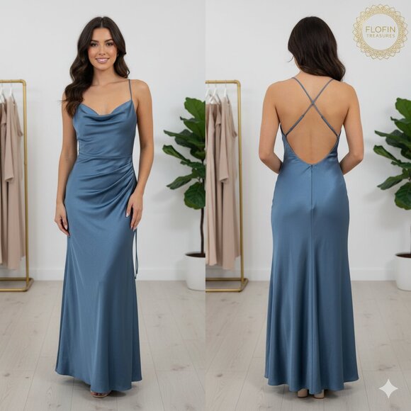 ASTRD halter satin MAXI  Elegant Blue Evening Dress size XL - Picture 1 of 7